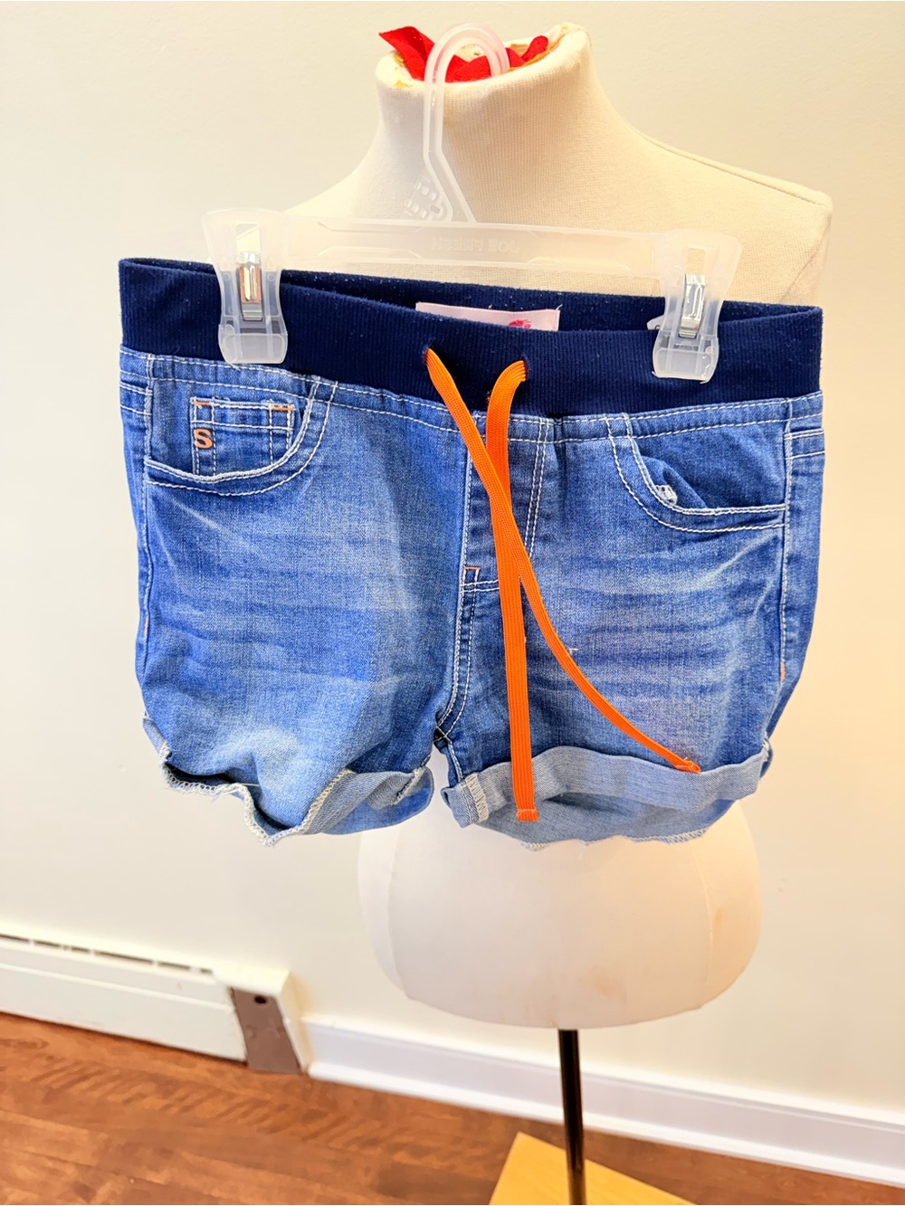 Seven7 Blue Denim Shorts with Navy Waistband and Orange Drawstring